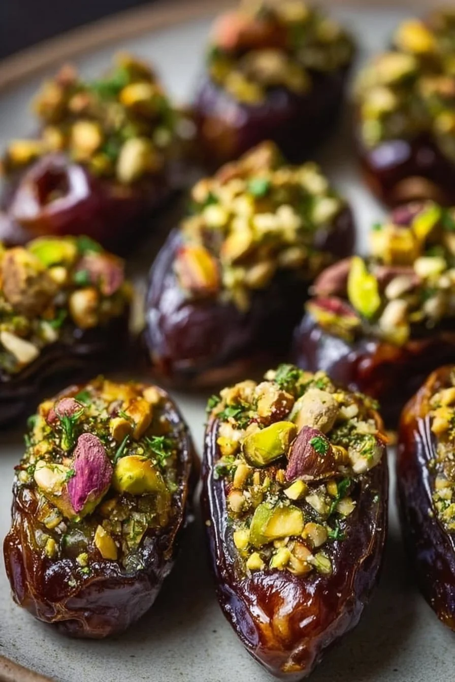 Delicious Roasted Boursin Stuffed Dates garnished with Pistachios