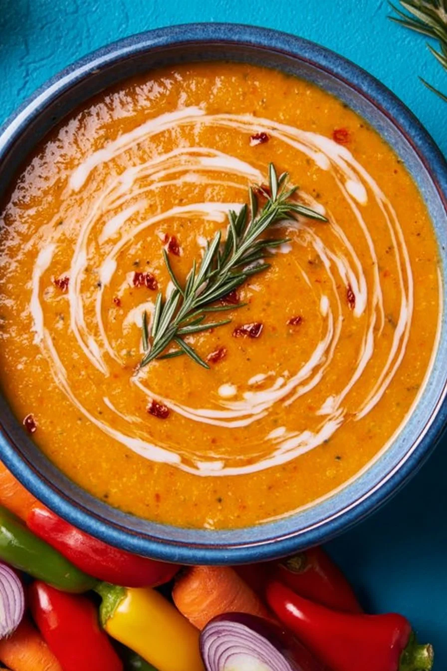Bowl of delicious roasted vegetable soup with colorful vegetables