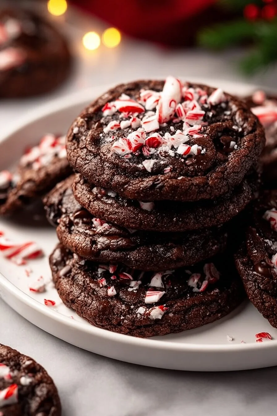 Delicious double chocolate peppermint cookies on a festive plate