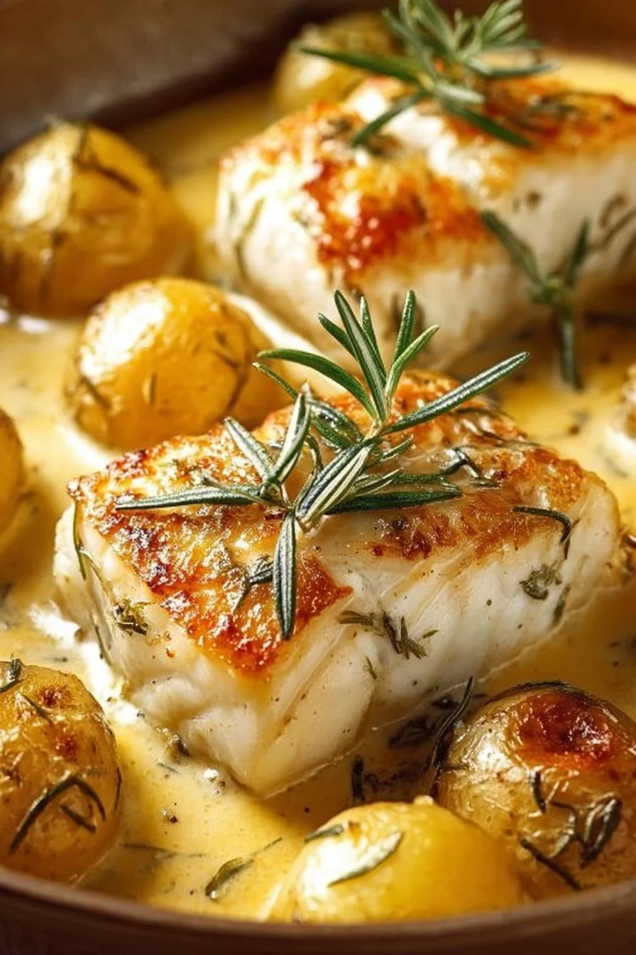 Easy baked cod with potatoes served on a plate