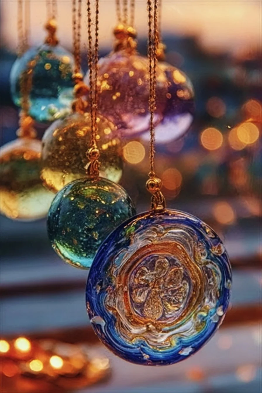 Colorful DIY suncatchers made with glue and food coloring hanging in sunlight