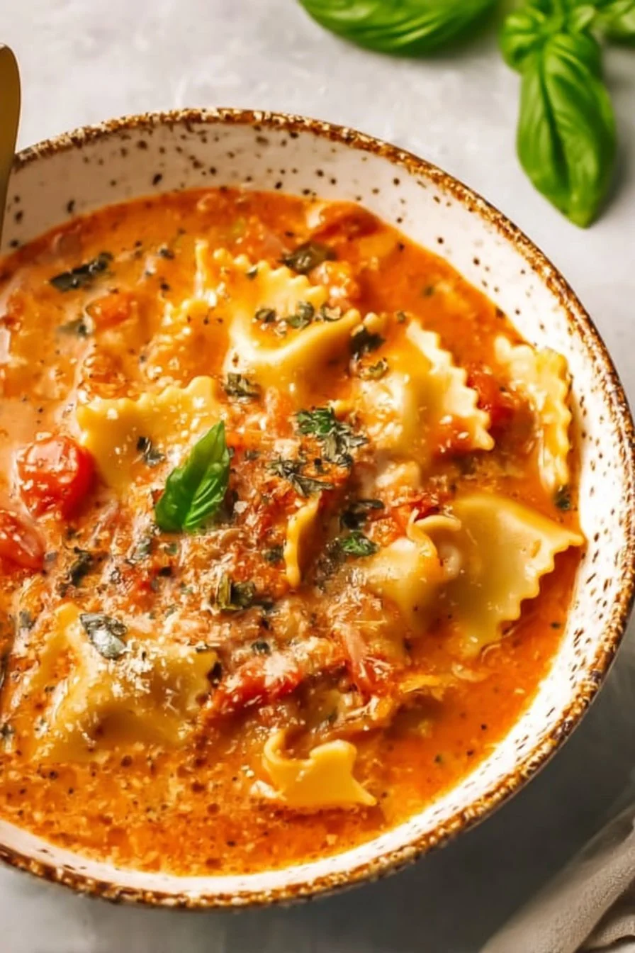 Bowl of creamy lasagna soup garnished with herbs and cheese