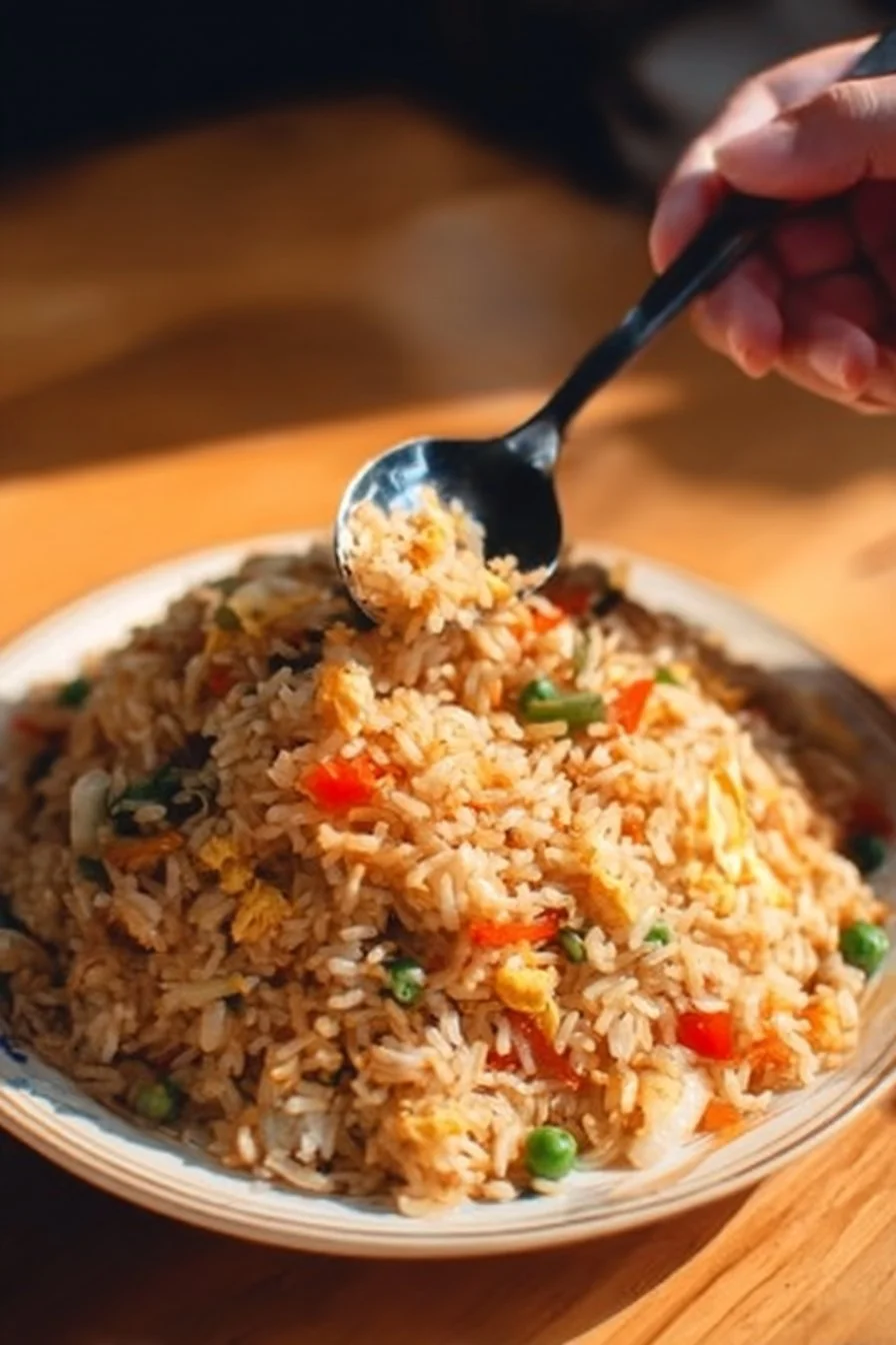 Easy egg fried rice garnished with vegetables in a bowl.