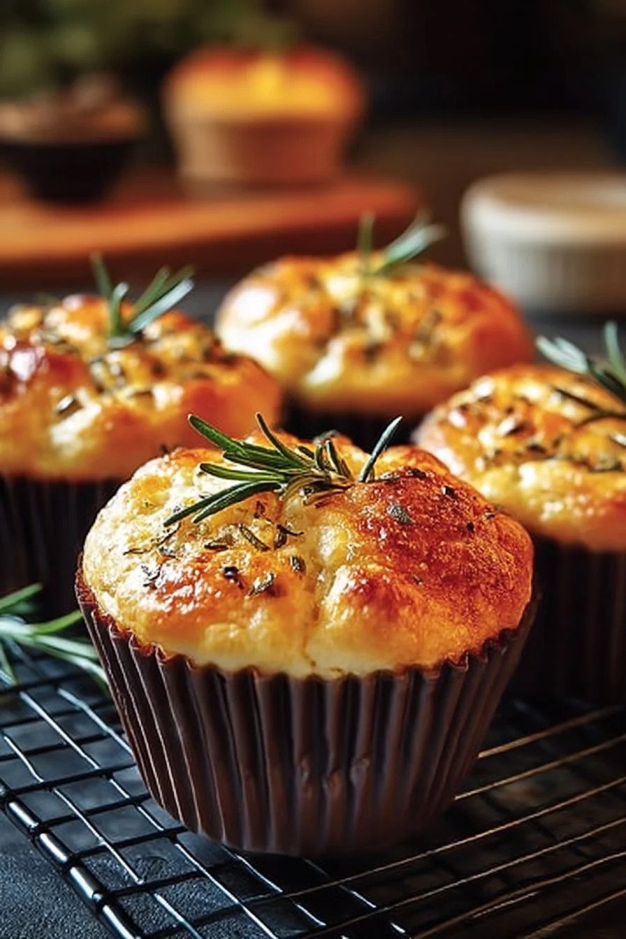 Easy garlic rosemary focaccia muffins, golden brown and topped with fresh herbs