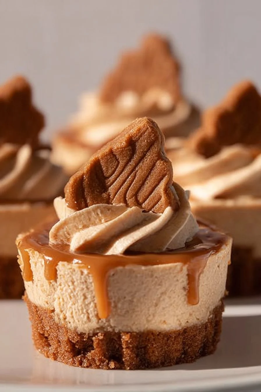 Easy no-bake mini vegan Biscoff cheesecakes topped with cookie crumbles
