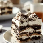 Easy vegan Oreo tiramisu dessert with layers of creamy filling and chocolate cookies