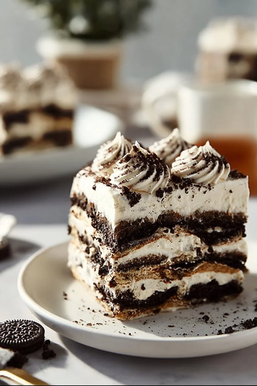 Easy vegan Oreo tiramisu dessert with layers of creamy filling and chocolate cookies