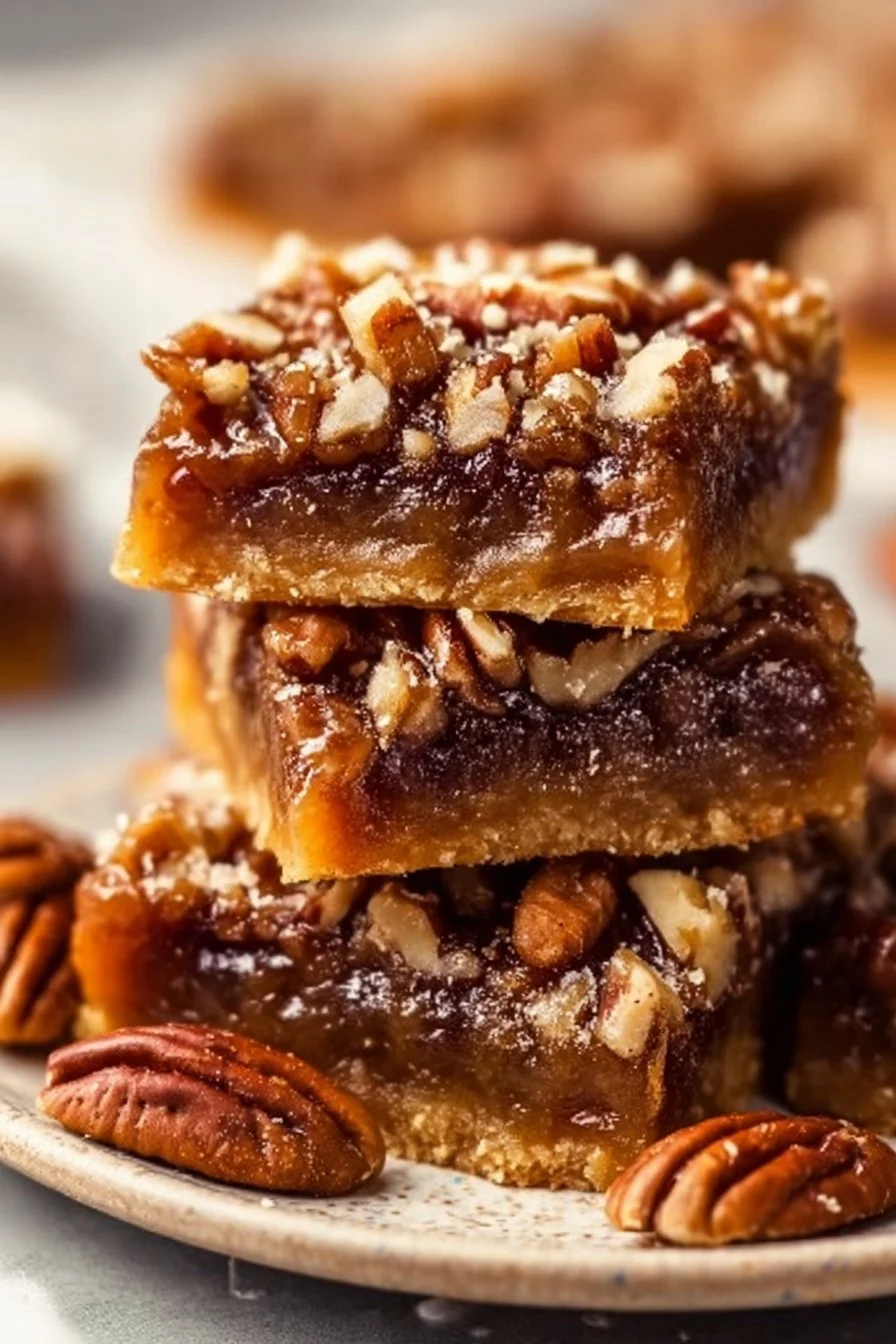 Delicious easy vegan pecan bars on a plate, ready to serve.