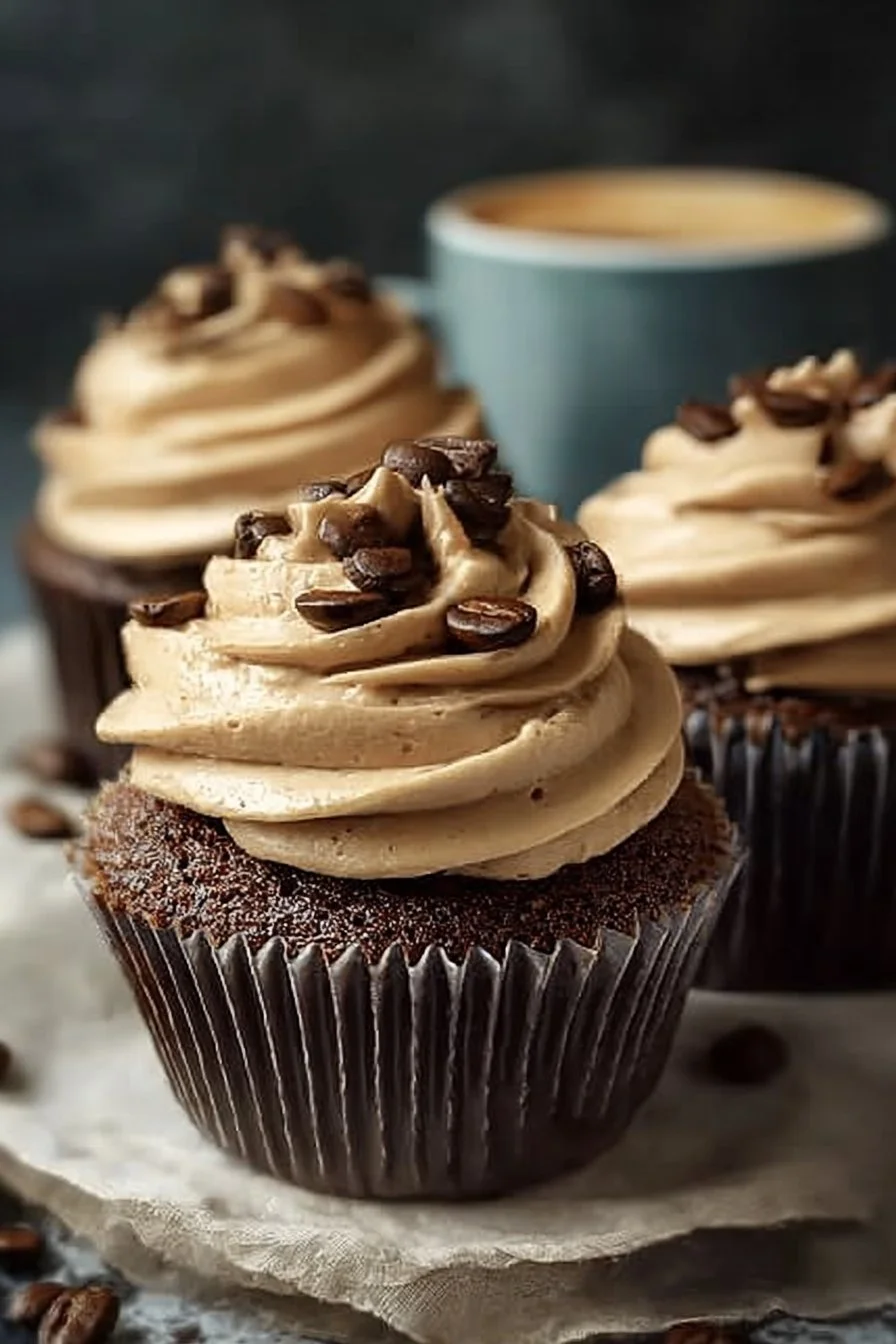 Delicious espresso cupcakes with espresso frosting on a dessert platter.