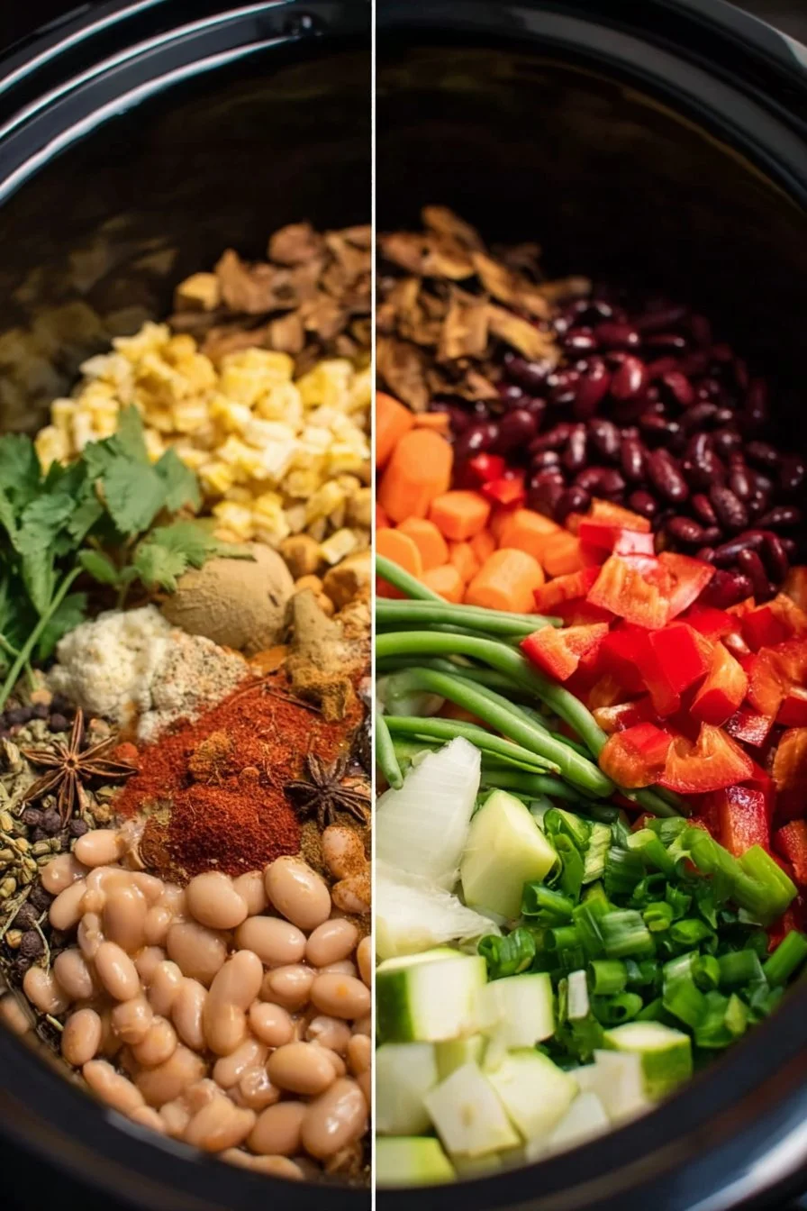 A variety of healthy slow cooker meals displayed in crockpots.
