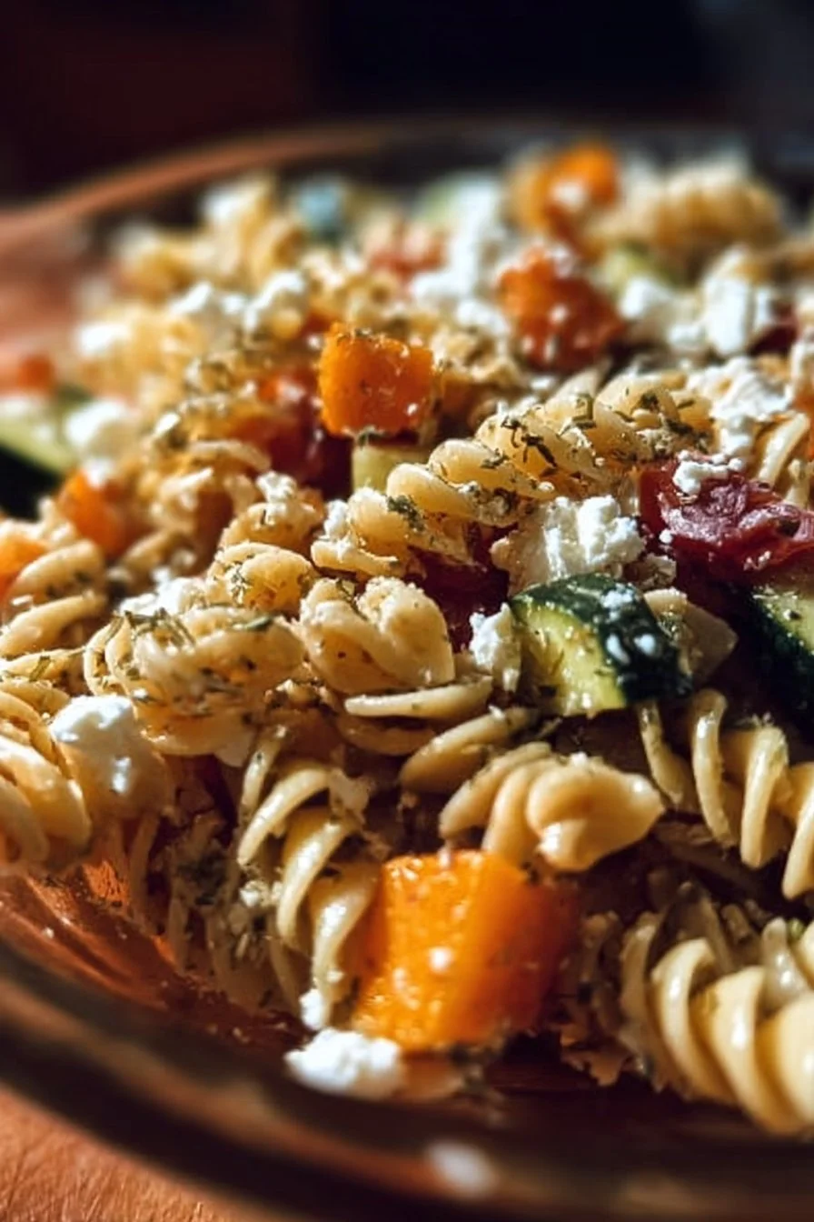 Colorful Fall Pasta Salad with seasonal veggies and dressing