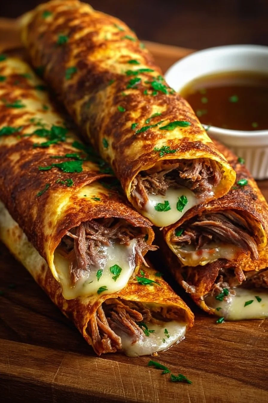 French Dip Tortilla Roll Ups served on a plate with dipping sauce.