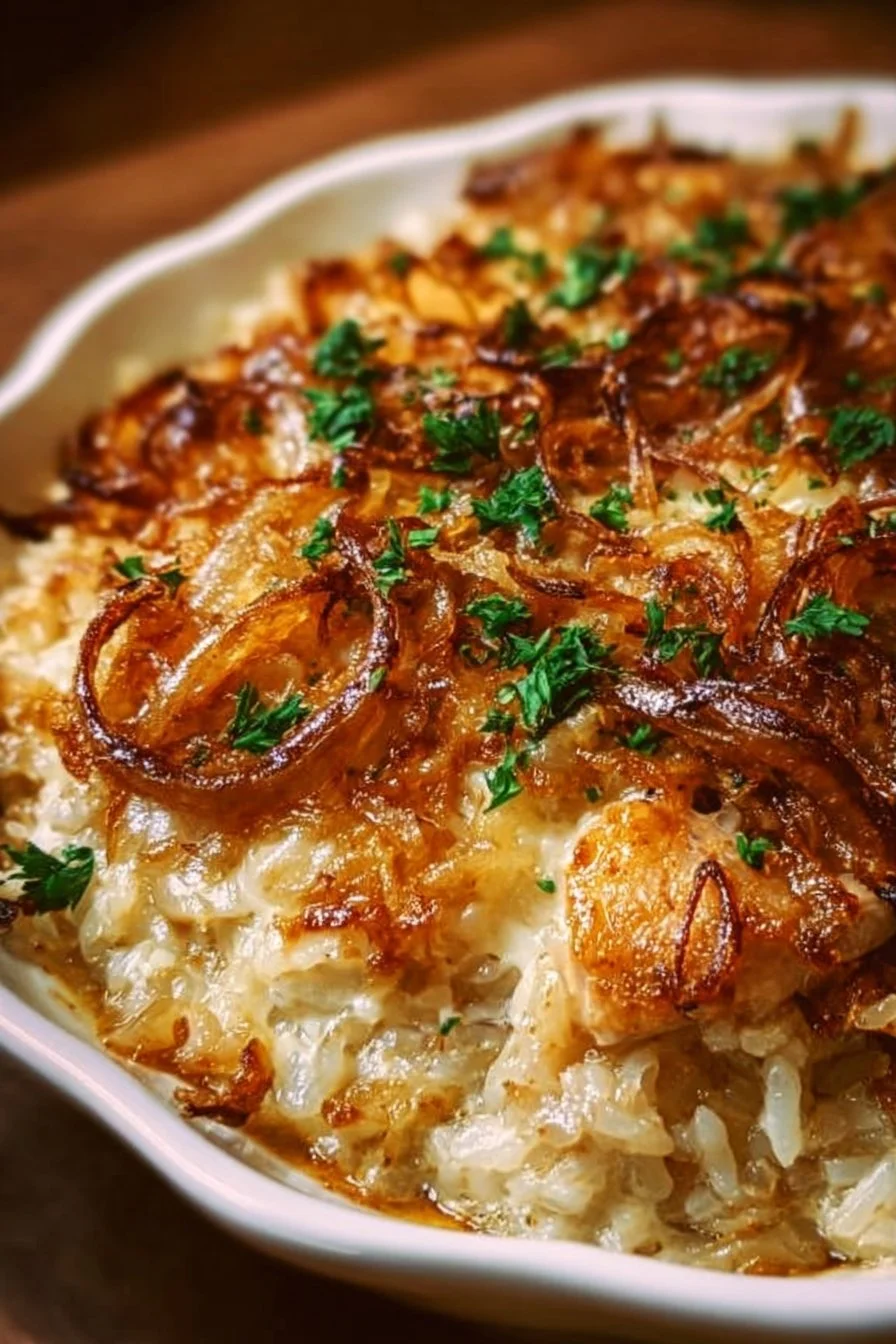 French Onion Chicken Rice Casserole topped with melted cheese and herbs