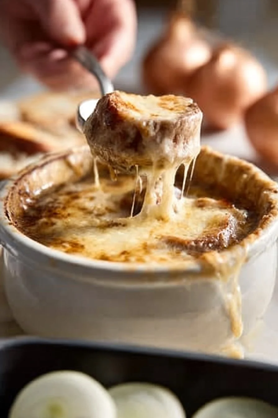 Delicious homemade French Onion Soup with melted cheese on top