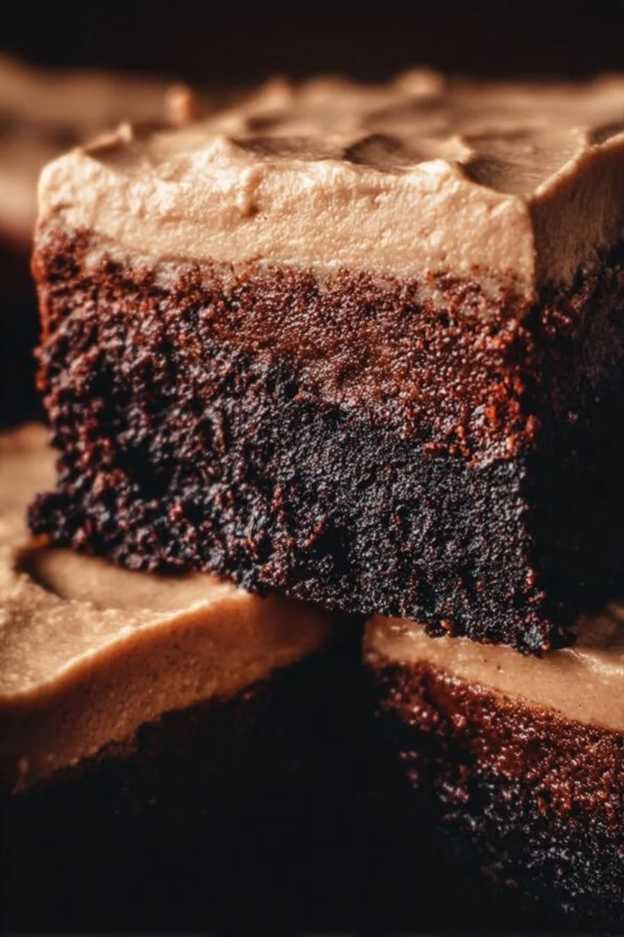 Delicious frosted coffee brownies on a plate, topped with creamy frosting.