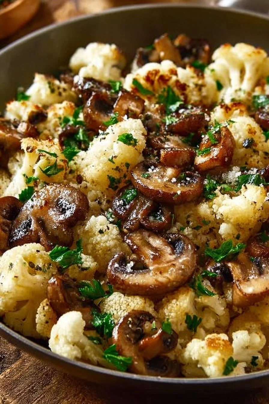 Delicious Garlic Cauliflower Mushroom Skillet ready to serve