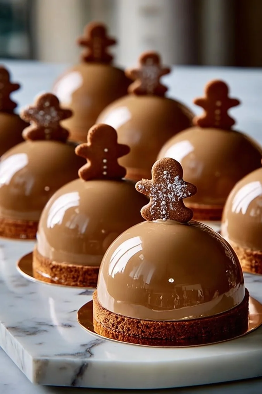 Gingerbread Latte Mousse Domes topped with cream and festive spices