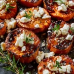 Gourmet honey feta sweet potato rounds topped with herbs and drizzled with honey.