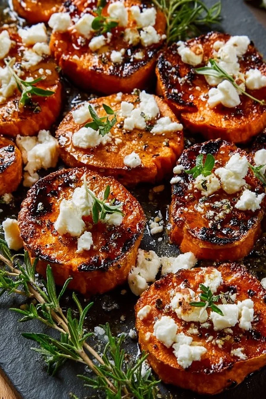 Gourmet honey feta sweet potato rounds topped with herbs and drizzled with honey.