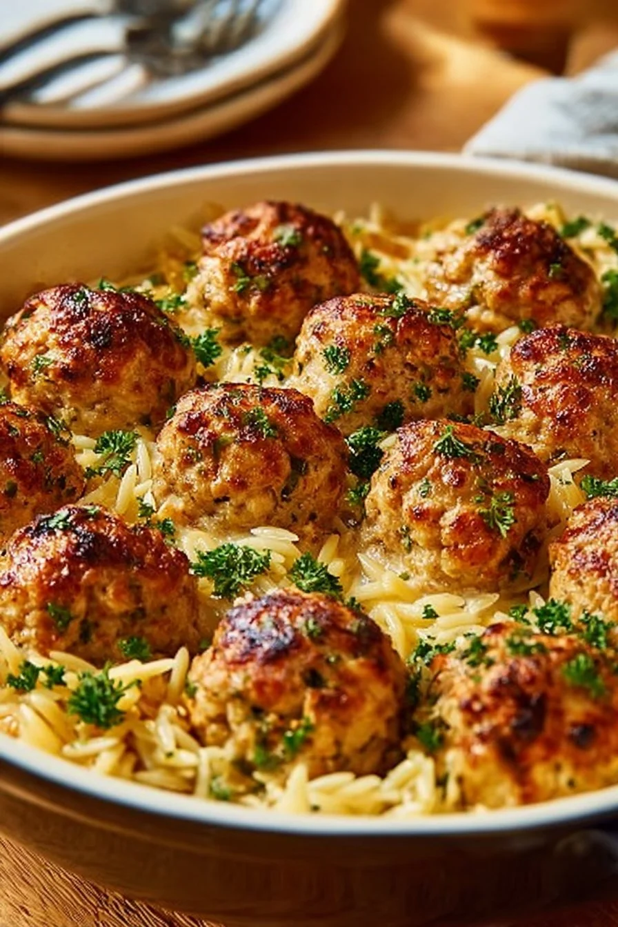 Delicious Greek chicken meatballs served with lemon orzo on a plate