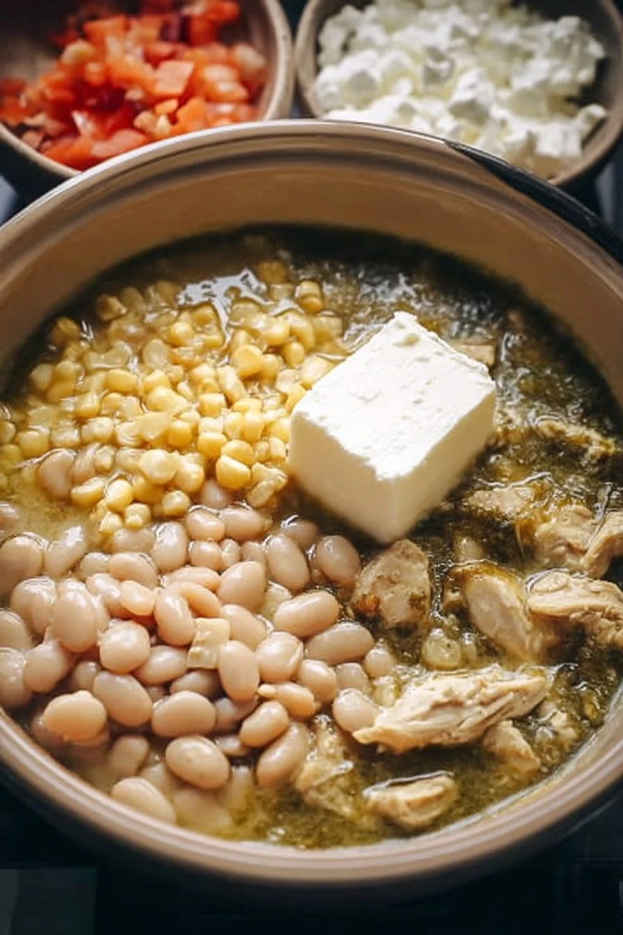 Bowl of green chile chicken enchilada soup garnished with cilantro and tortilla strips