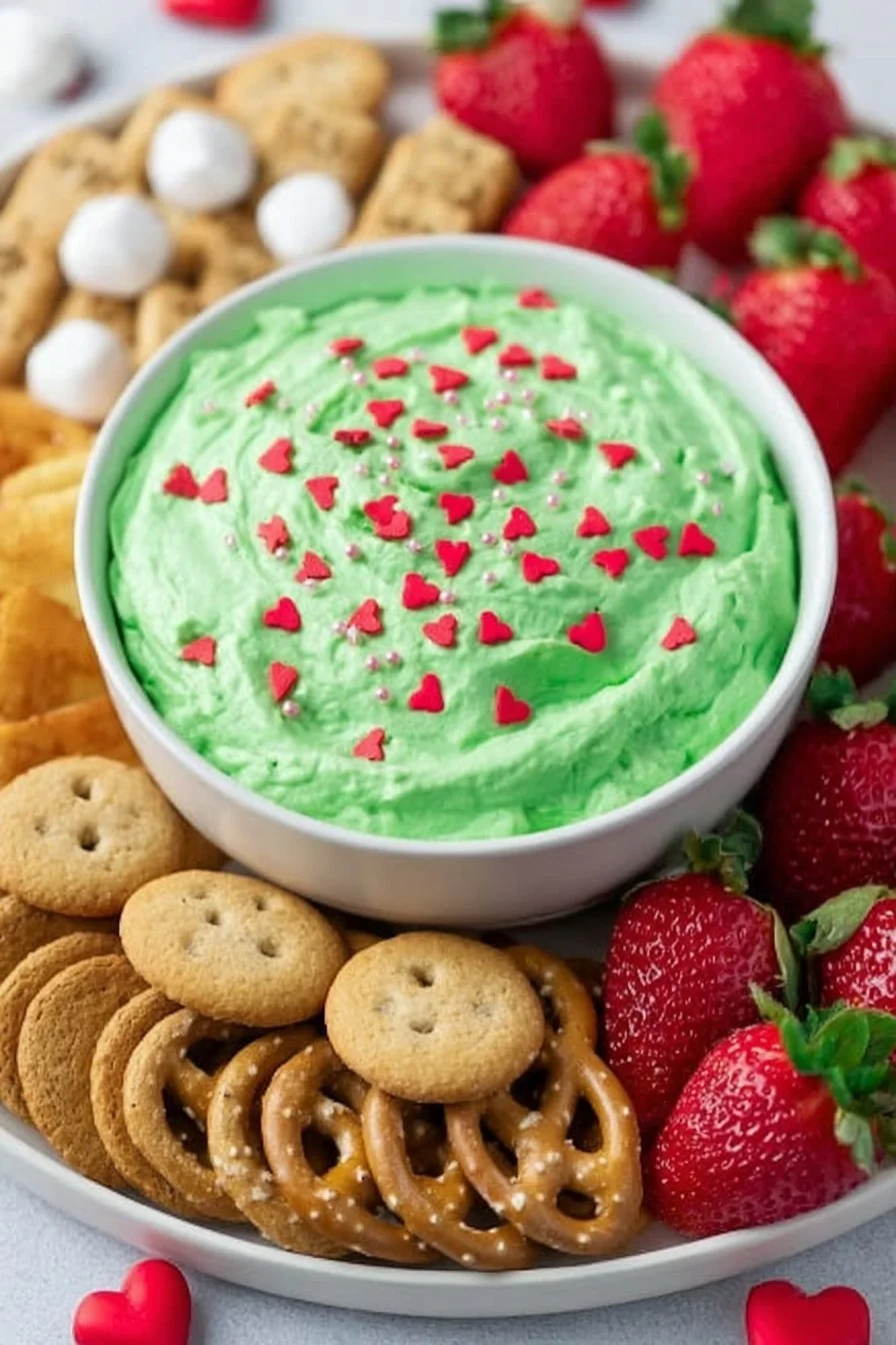 A festive bowl of Grinch Dip served with colorful snacks for the holiday season.