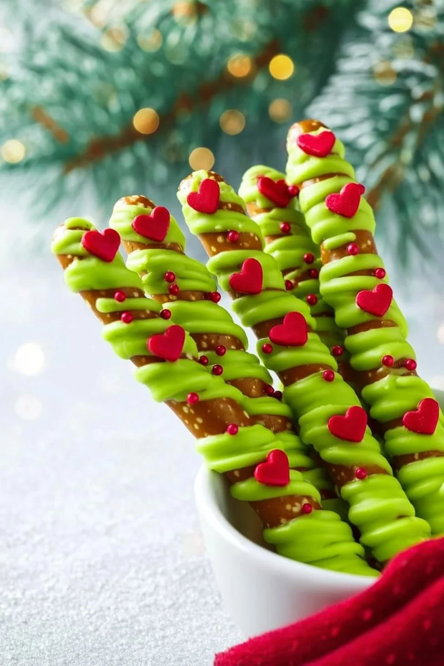 Festively decorated Grinch Pretzels for Christmas snacking