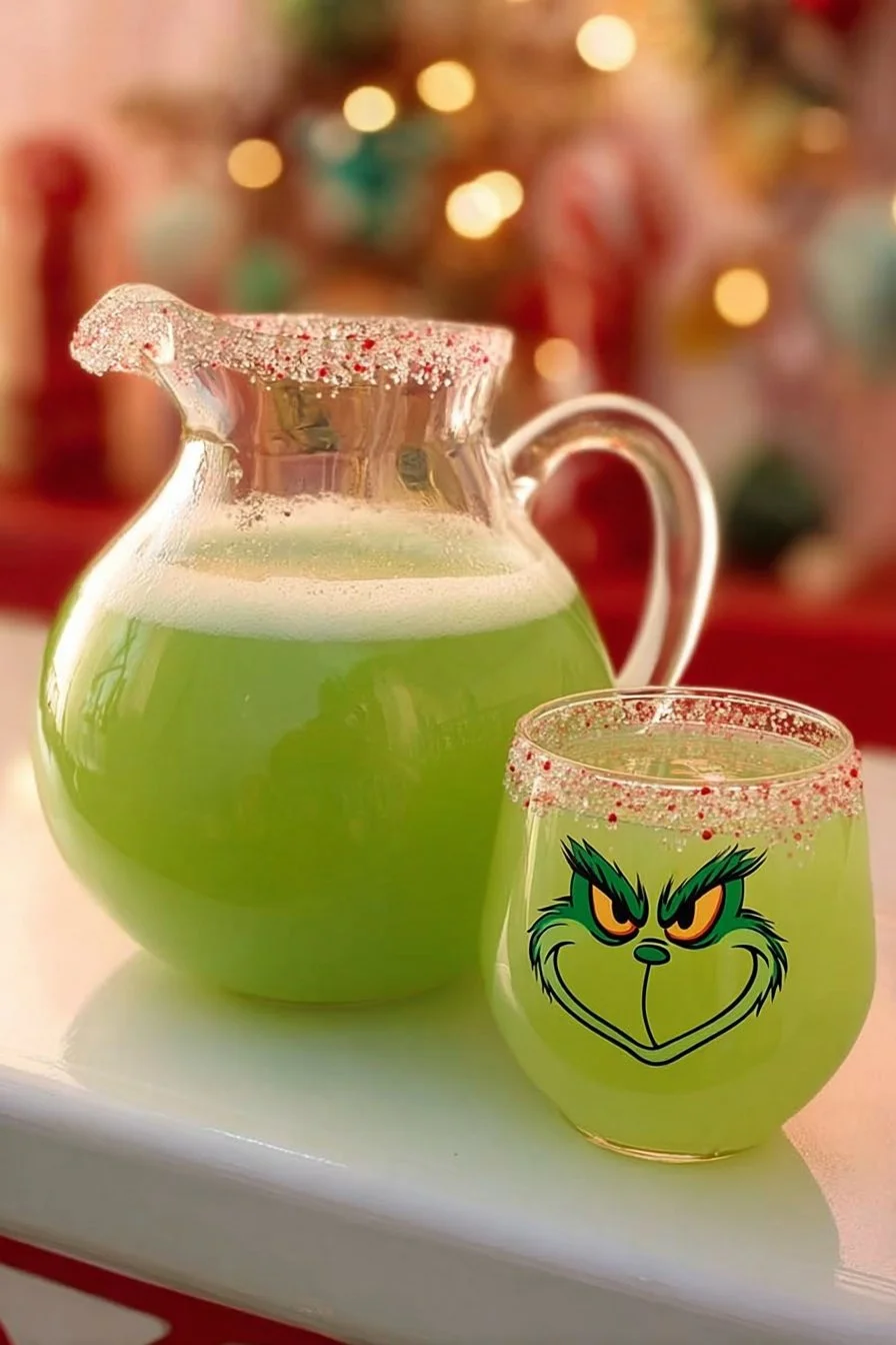 Festive Grinch Punch in a holiday-themed glass