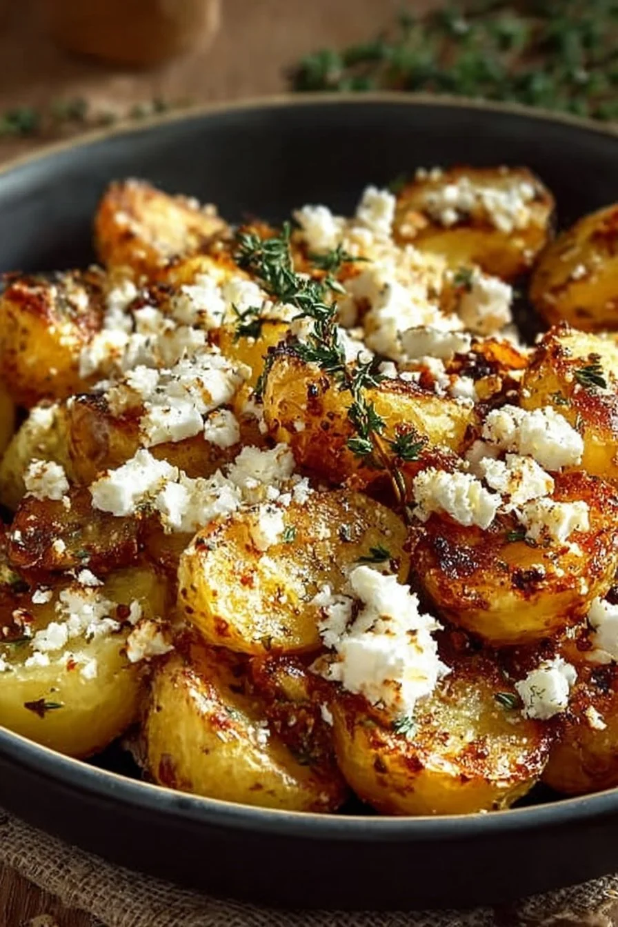 Healthy baked feta potatoes with herbs and spices on a white plate