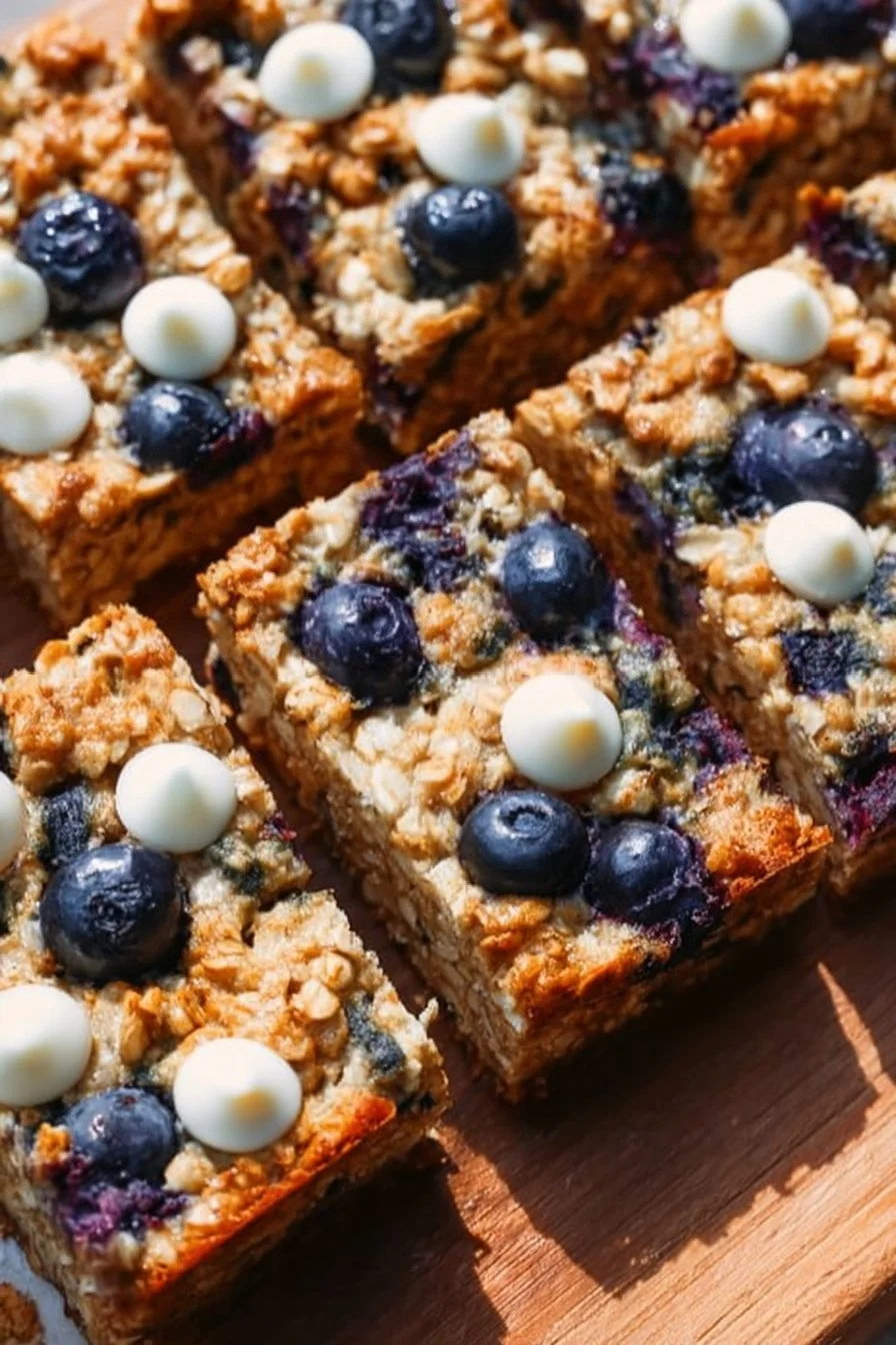 A delicious serving of healthy blueberry baked oatmeal topped with fresh blueberries.