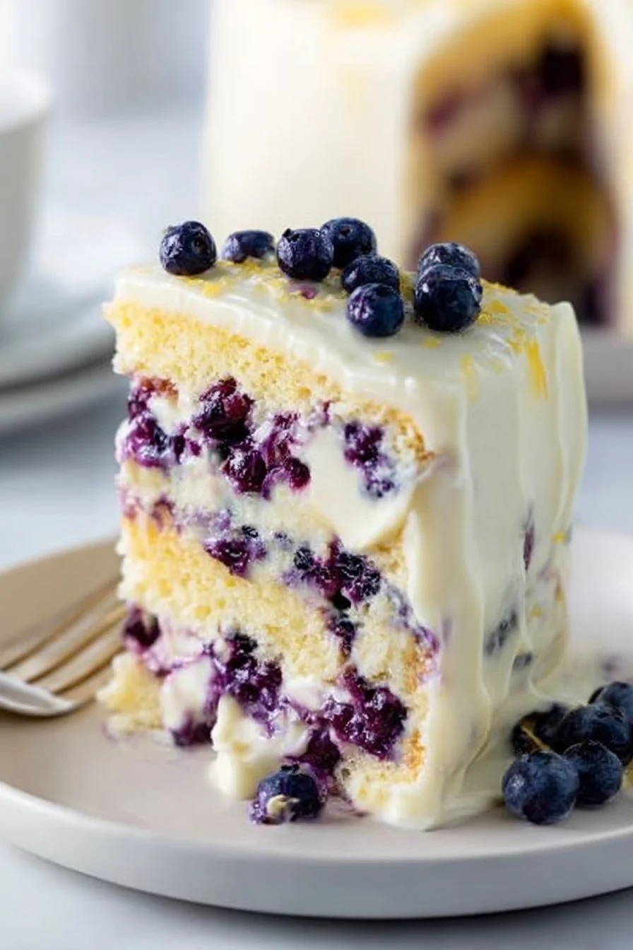 Healthy lemon blueberry cake with fresh blueberries and lemon zest topping