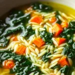 Bowl of healthy spinach orzo soup with fresh vegetables and herbs