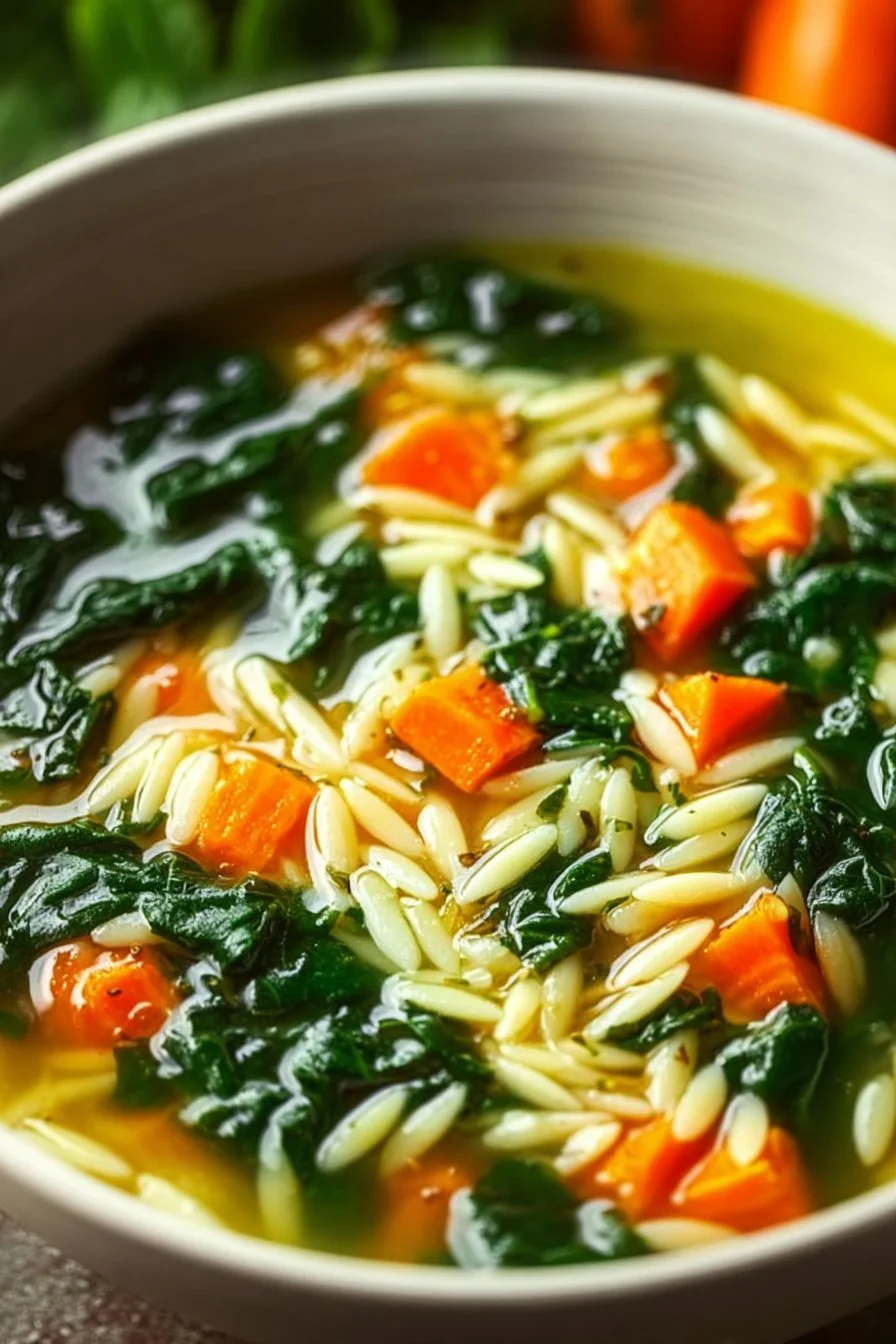 Bowl of healthy spinach orzo soup with fresh vegetables and herbs