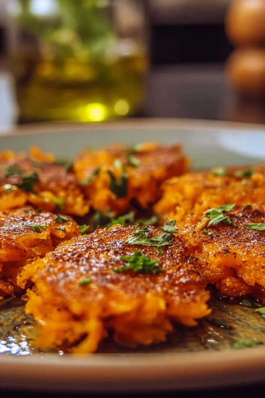 Plate of healthy sweet potato hash browns served with fresh herbs and spices