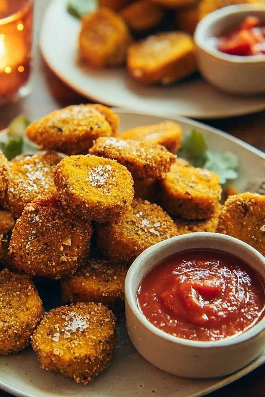 Plate of healthy vegan chickpea nuggets with dipping sauce