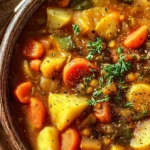 A bowl of hearty vegan stew filled with vegetables and legumes