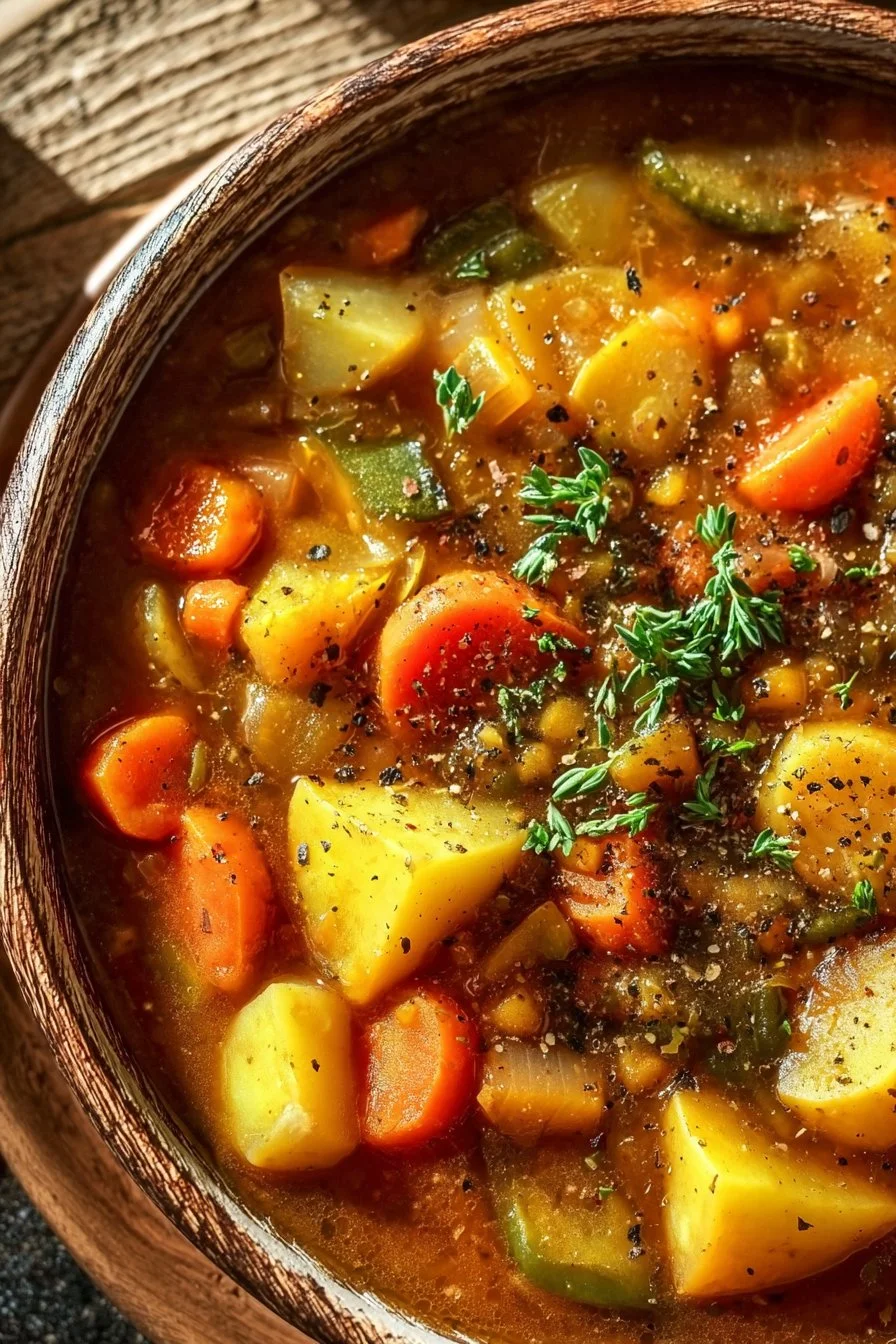 A bowl of hearty vegan stew filled with vegetables and legumes
