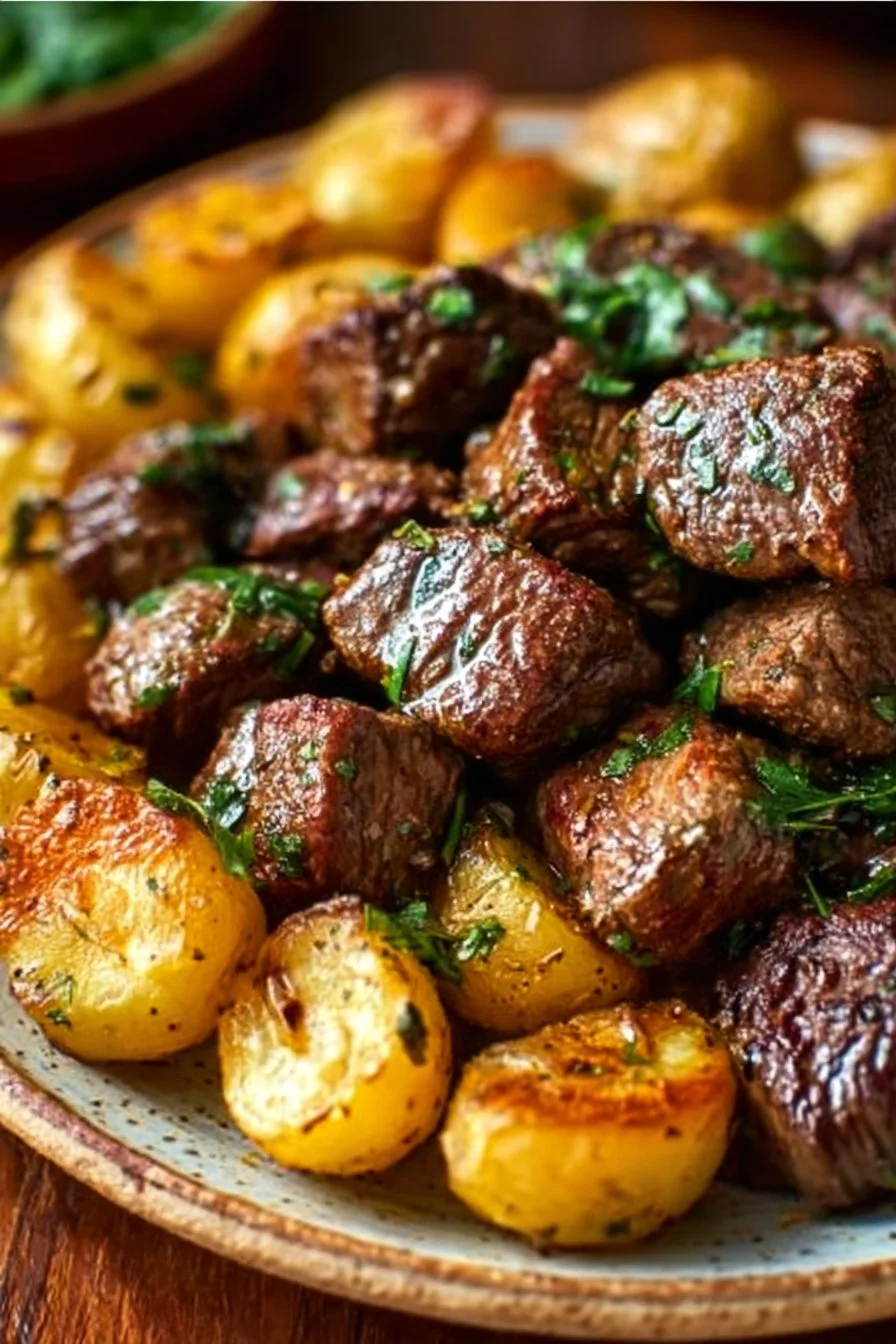 High protein garlic butter beef bites cooked in a slow cooker with herbs.