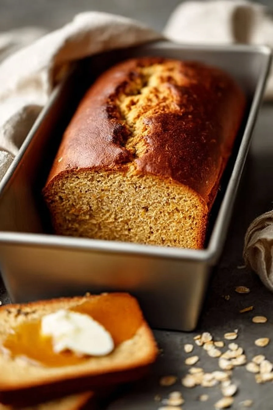 A loaf of homemade honey cinnamon oatmeal bread cooling on a wire rack.