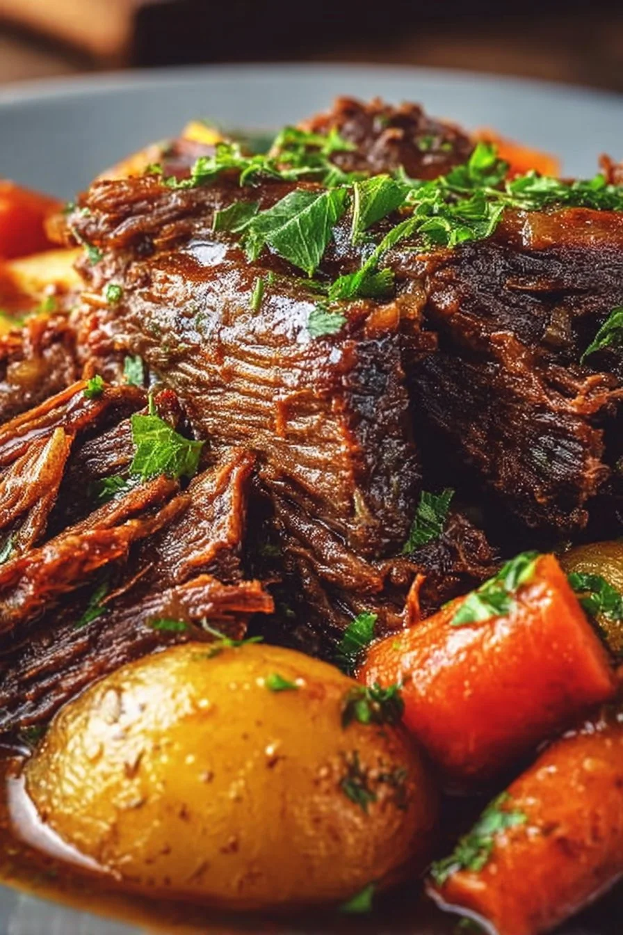 Delicious 5-star pot roast made in a slow cooker with vegetables