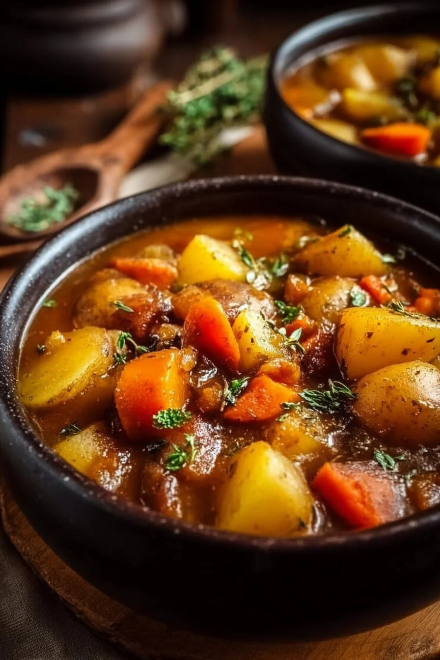 Delicious bowl of Irish Vegetarian Stew with fresh vegetables and herbs