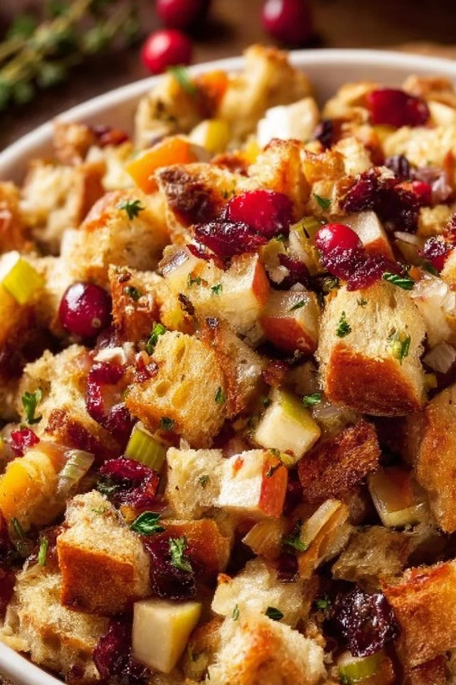Delicious cranberry apple stuffing served in a festive dish for holiday meals.