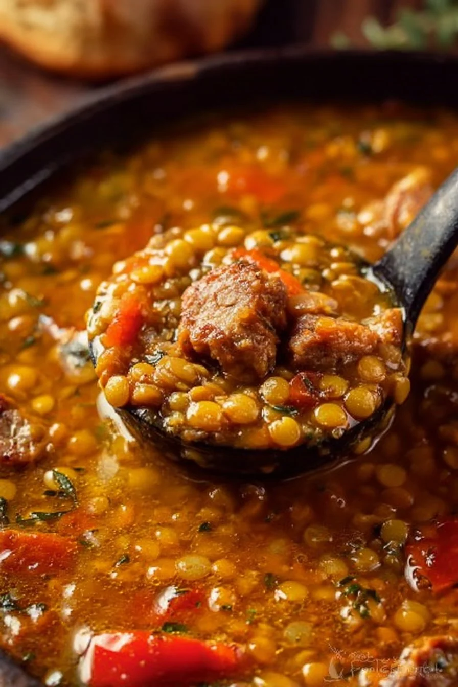 Bowl of Italian sausage and lentil soup garnished with parsley