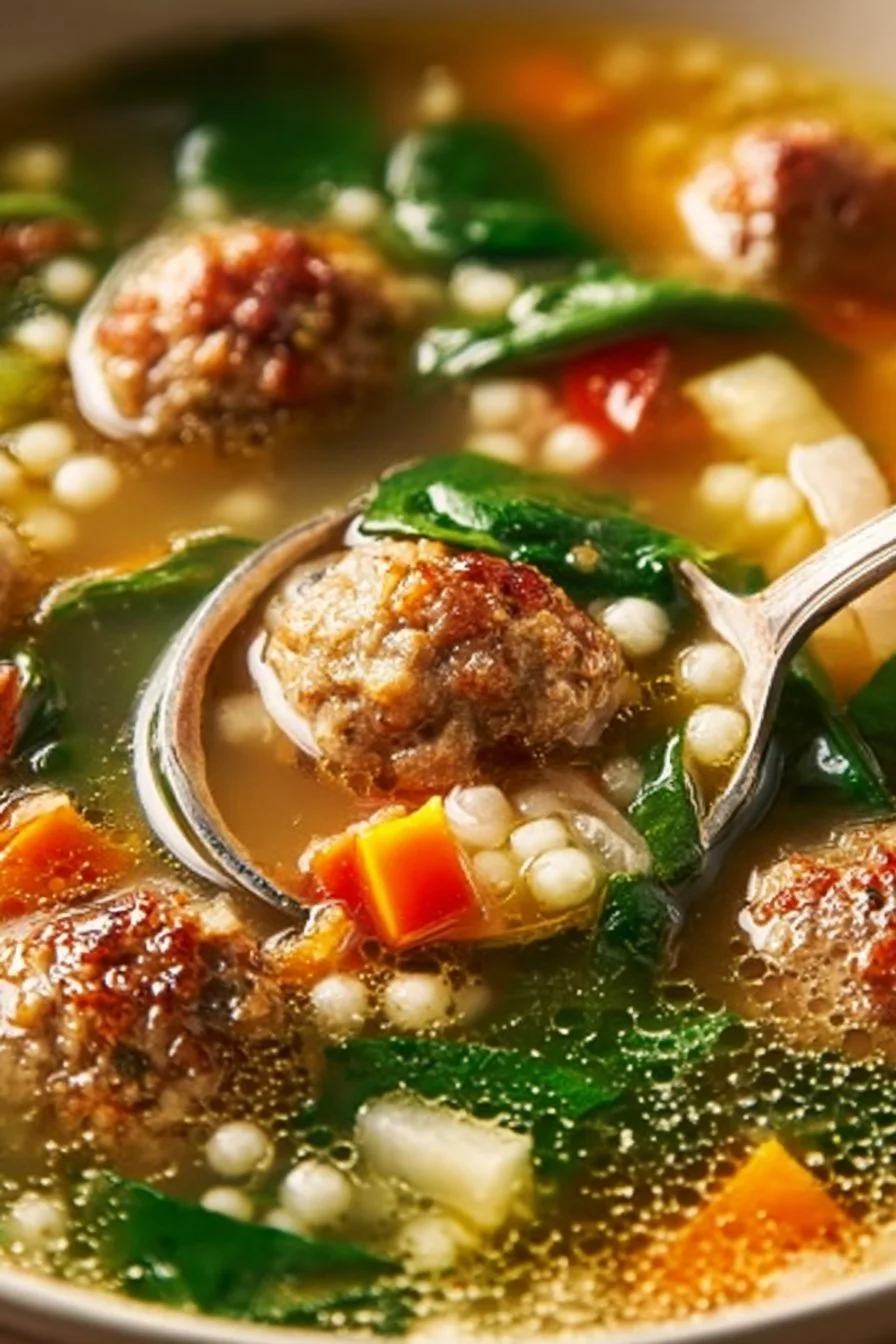 A bowl of Italian Wedding Soup with meatballs and fresh greens.