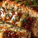 Juicy garlic parmesan chicken meatloaf served with herbs and garnishes.
