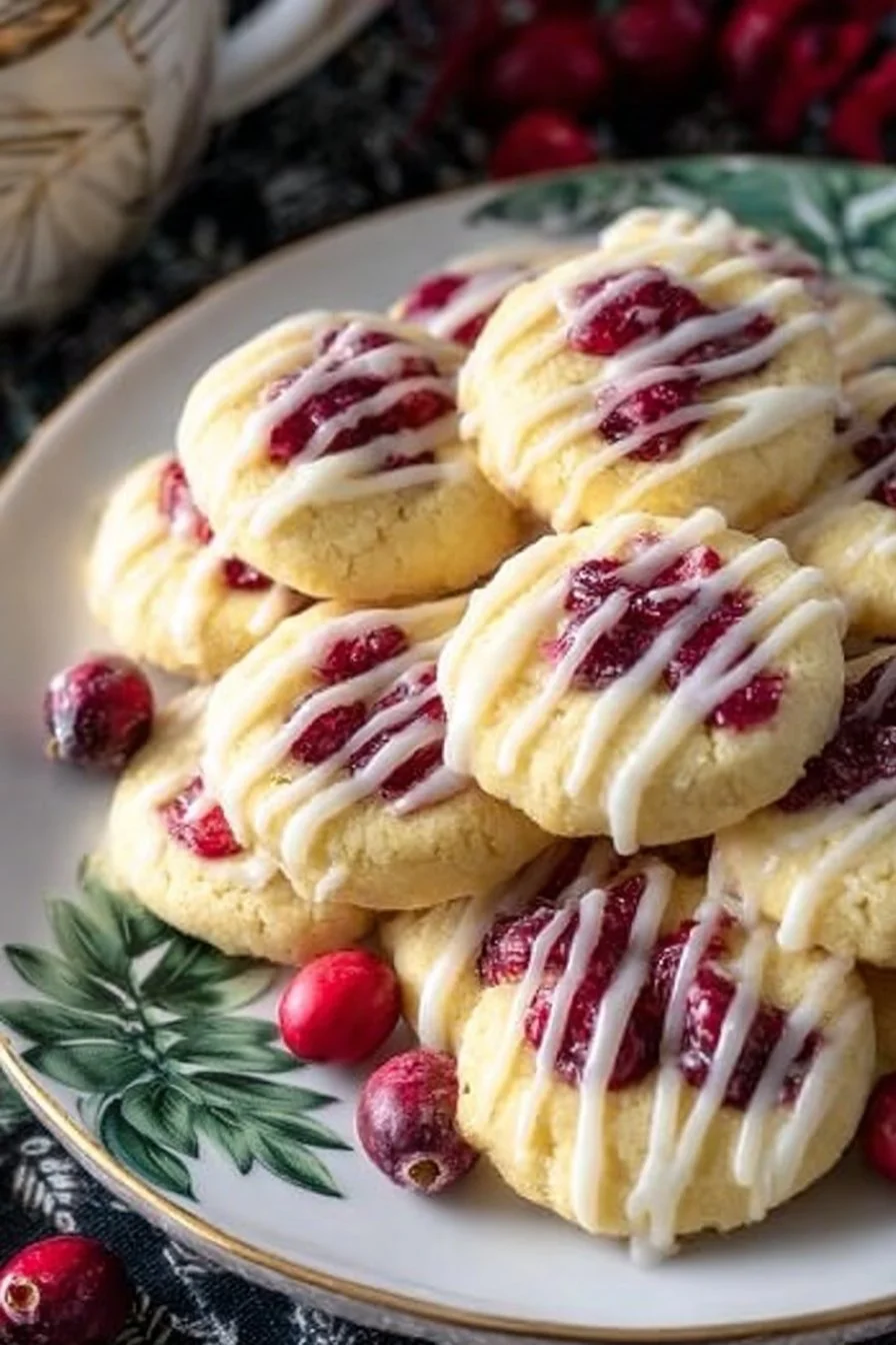Delicious Lemon Cranberry Cookies on a white plate with lemon slices