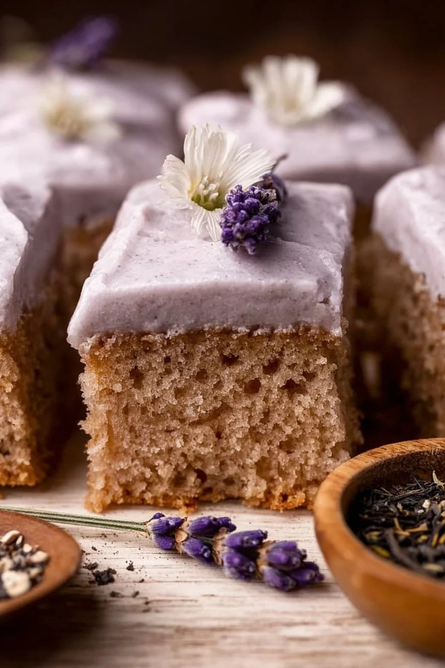 Slice of London Fog Cake with Earl Grey tea flavor and cream frosting