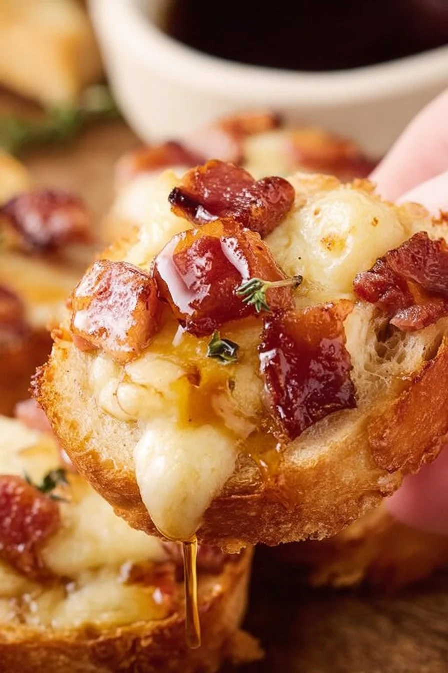 Delicious Maple Bacon Brie cheese on a rustic wooden board.