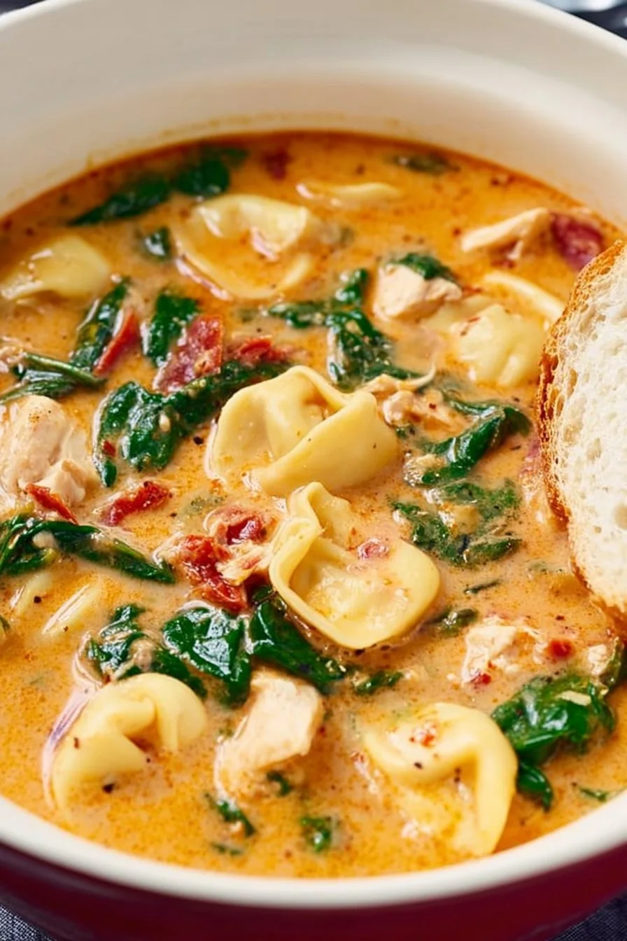 Bowl of Marry Me Tuscan Chicken Soup with fresh herbs and vegetables