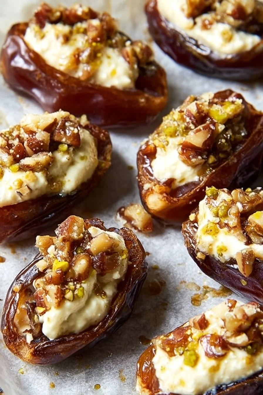 Mascarpone stuffed dates topped with a rich maple drizzle on a serving plate.